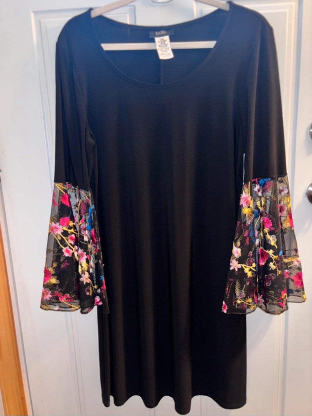 MSK Black Mini Dress with Multicolor Sheer Floral Bell Sleeves-Gorgeous NWOT